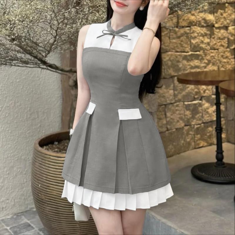 ZANZEA Women Elegant Round Neck Casual Sleeveless Patchwork Dress M