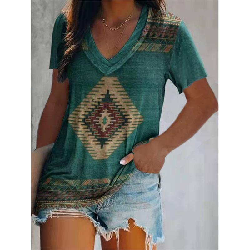 

2023 Ethnic Style Women s Short Sleeve Double Layer Collar T-Shirt 4XL
