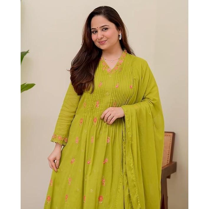 Women Embroidery Anarkali Kurta Pant with Dupatta Indian Bollywood Ethnic Suit