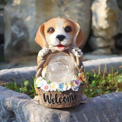 Solar Garden Decor Outdoor Dog Statues Lights, Cute Dog Welcome Bucket For Front Porch Standing, For Patio Balcony Yard Ornament Decorations