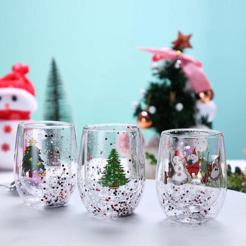 Saisonales doppelwandiges Getränkeglas Trinkbecher 300ml Hitzebeständig Kaffee-Trinkgeschirr Weihnachts-Tischdekoration