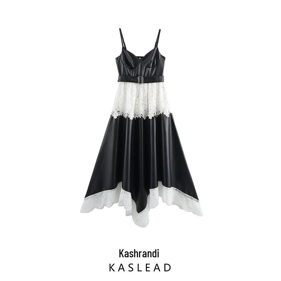

Spring 2025 Women’s European & American Style Black PU & White Lace Camisole Dress XS