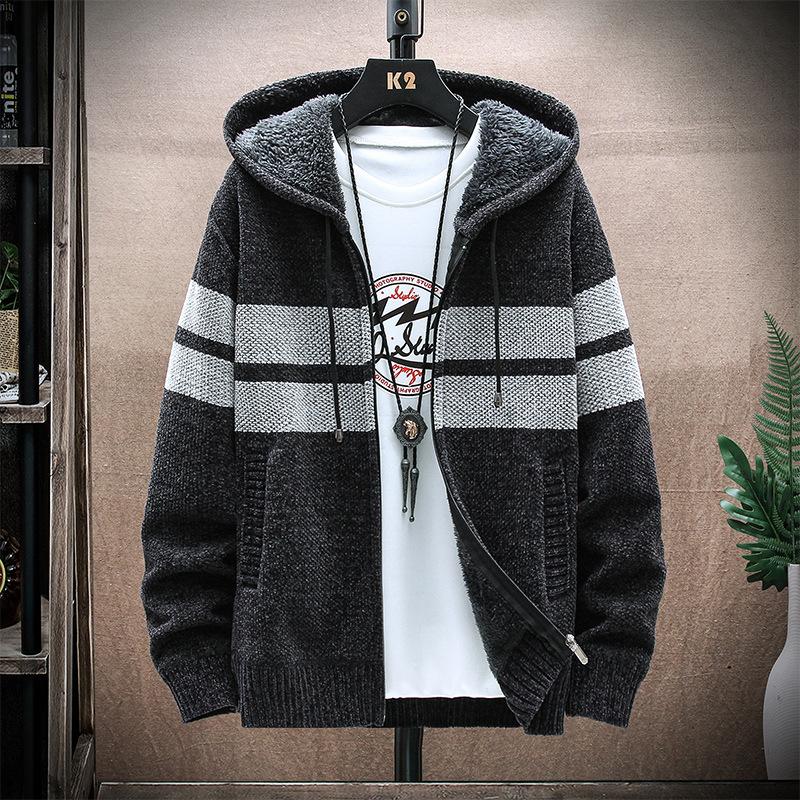 2026 New Men's Hooded Striped Knitted Jacket Fleece Thickened Chenier Cardigan Casual Warm Sweater
