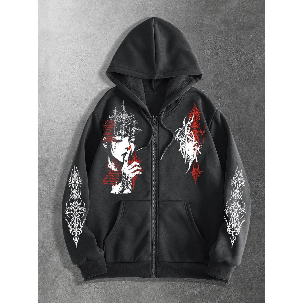 Y2k Mode Seriefigur Porträtt Tryck Huvtröja med Dragkedja | Avslappnad Street Style, Långärmad, Fiber, Normal Passform