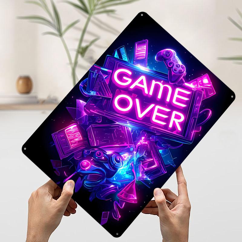Neon Game Over Sign With Controllers Printed Poster Customized Wall Art Retro Vintage Metal Tin Signs for Room House Desk Decor