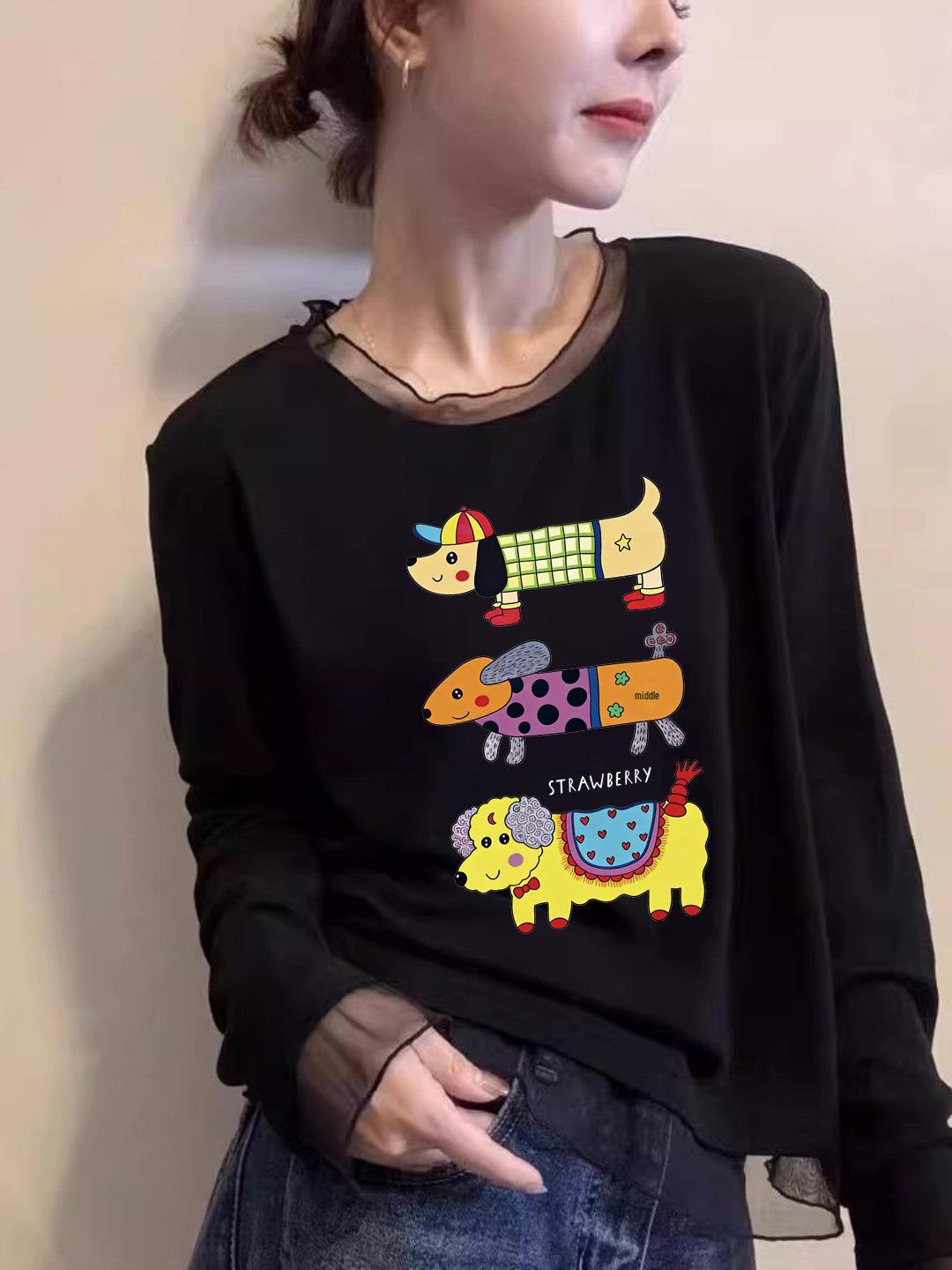 

Women s Autumn/Winter Slim Fit Retro Mesh Long Sleeve T-shirt with Puppy Print Large чёрный