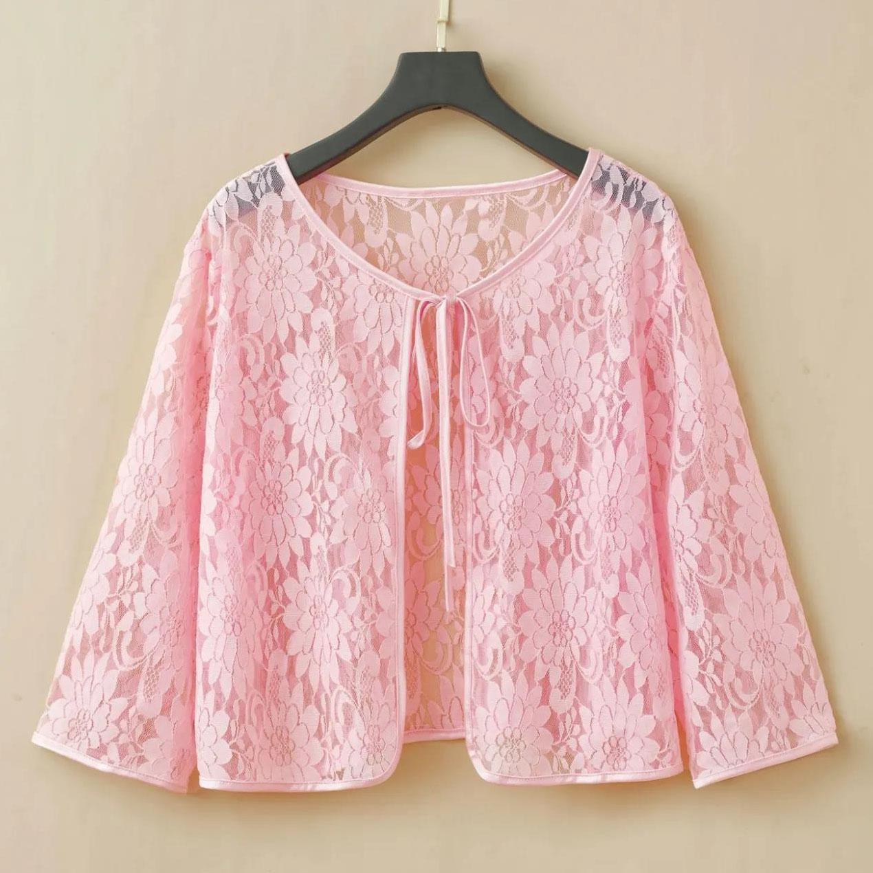 

XL-6XL Жіноча високоякісна мереживна шаль із порожнистим різьбленням Весна-літо Кардиган великого розміру Захист від сонця Тонка сорочка з кондиціонером XXXXXXL рожевий