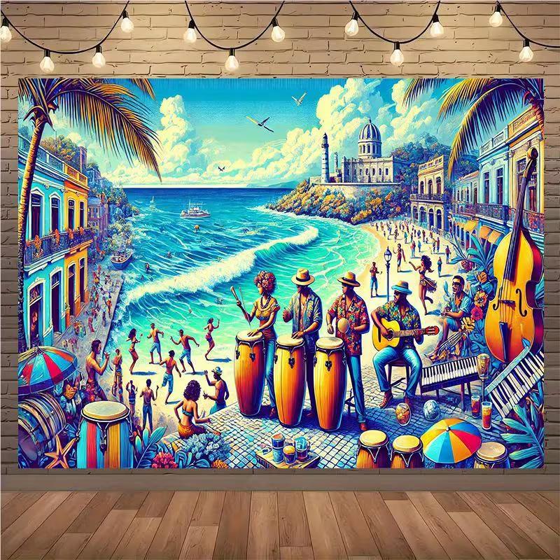 

2D Tropical Beach Music Backdrop, 2D Flat Havana Coast Background for Carnival & Fiesta Party Decoration 47.2x31.5inch/120*80cm