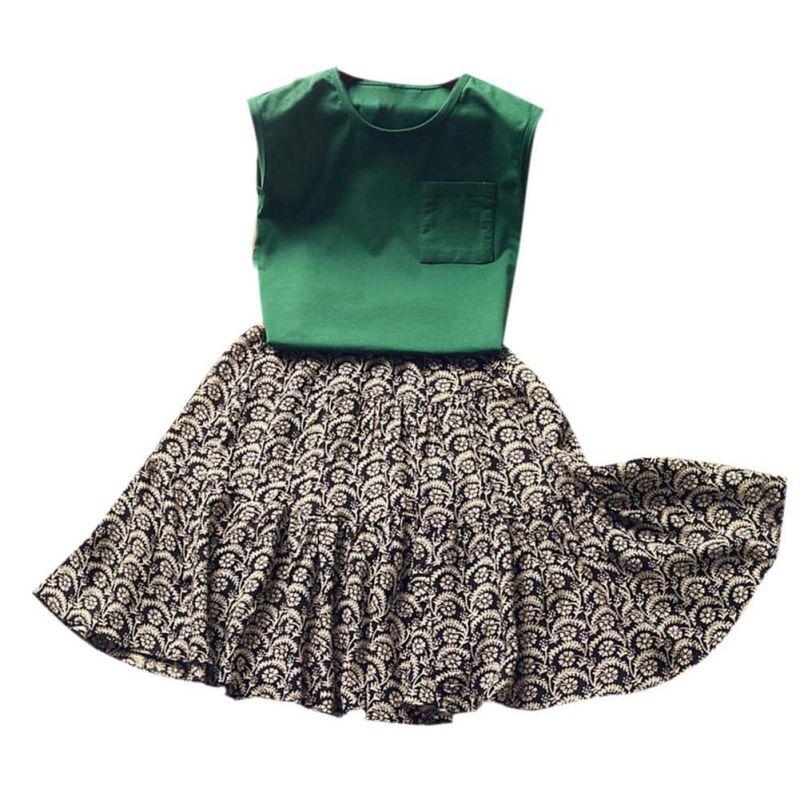 

Детский комплект одежды для девочек, комплект из жилета и юбки, топ без рукавов с карманами и юбка с цветочным принтом, детский комплект из двух предметов XL/13