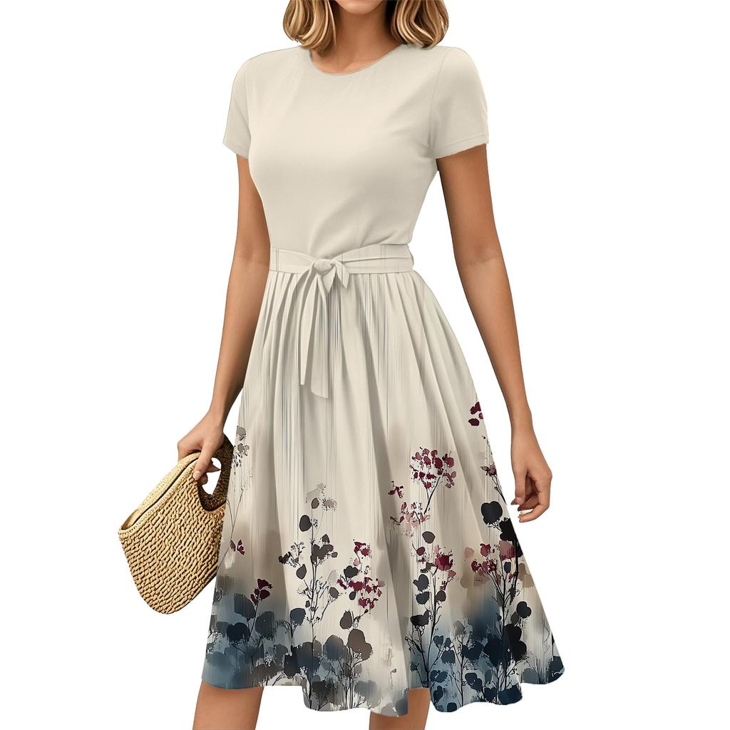 Mote Dame Casual Belte Kortermet Rund Hals Geometrisk Trykk Spleiset Elegant Temperament Kjoler