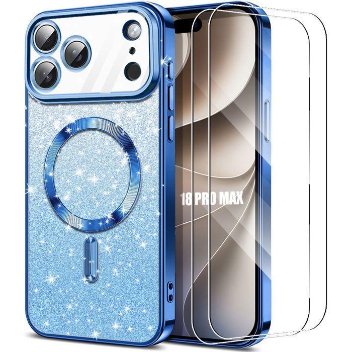 Coque pour iPhone 18 Pro Max, Silicone avec Cercle Magnétique - Bleu Scintillant - 2 Verres Trempés