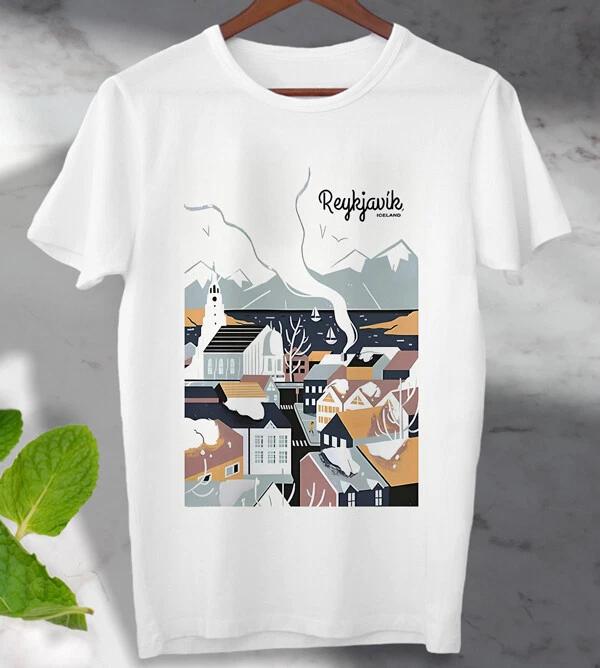 Reykjavik Iceland Travel Poster 100% Cotton T-shirt Mens Tees Top Unisex Ladies Top Gift 100% Cotton T-shirt Mens Womens Tees Top XL