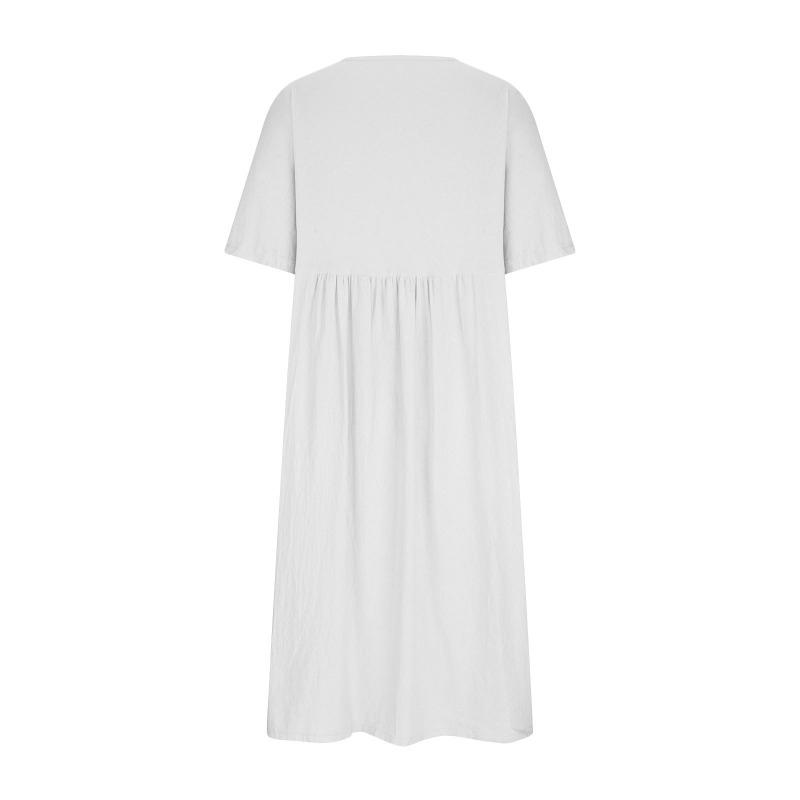 Übergröße Locker Baumwolle Leinen Rundhals Tasche Dreiviertelarm Midikleid