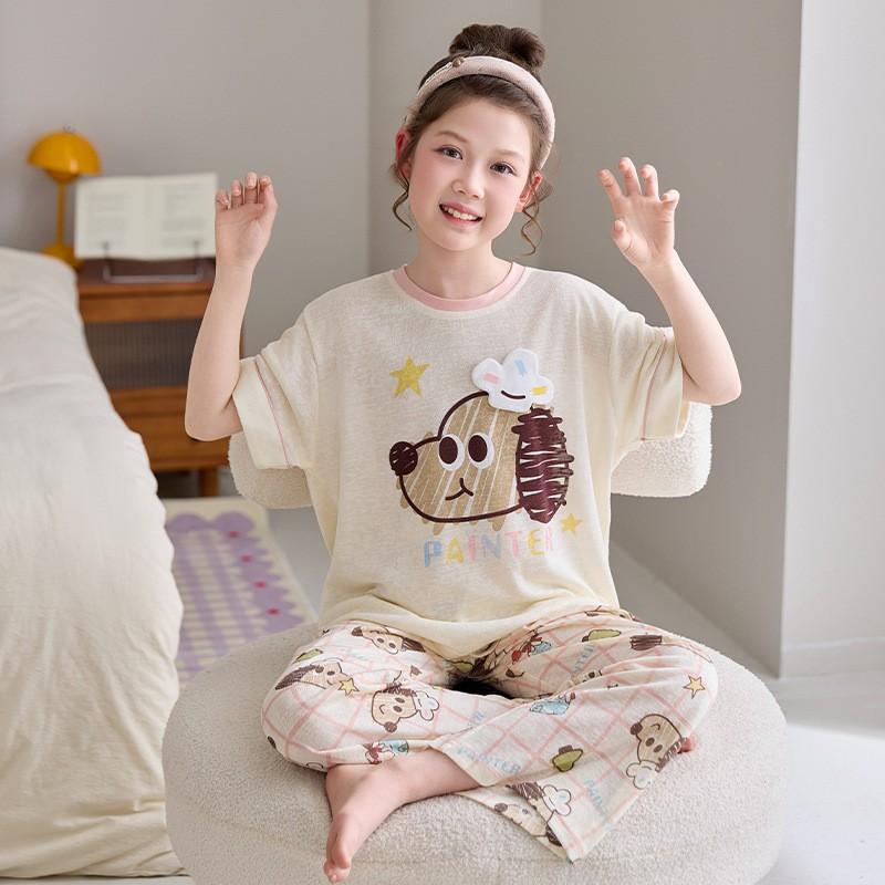 Cute Cartoon Family Matching Pajamas Set Girls Moms Soft Tencel Short Sleeve Long Pants Sleepwear