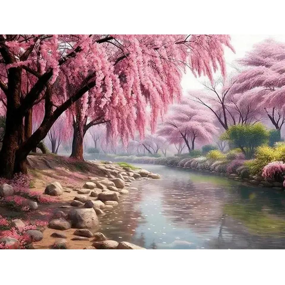 

Пейзаж Розовое Дерево Сакура 5D Алмазная Картина Коллекция Дом Парусник Мозаика Сделай Сам Вышивка Картина Настенное Украшение Full Round 20x30CM
