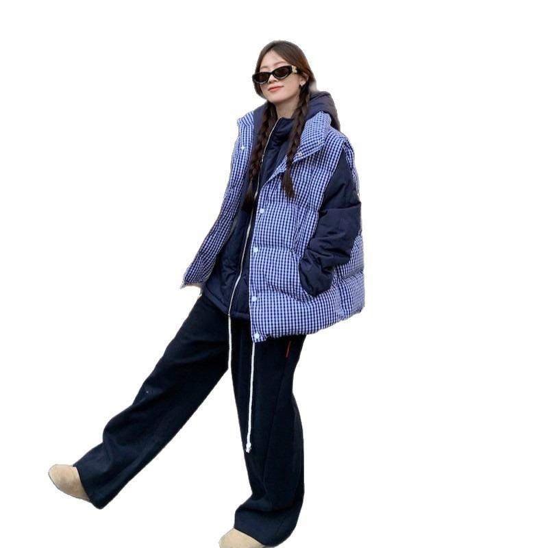 Premium blau karierte Daunen-Baumwollweste für Damen, Winter, verdickt, Oberbekleidung, Brot-Baumwolljacke, Top