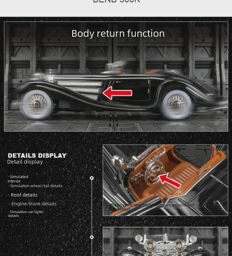 Jinlifang 1901-350 Legierung Retro Klassisches Automodell mit Sound & Licht