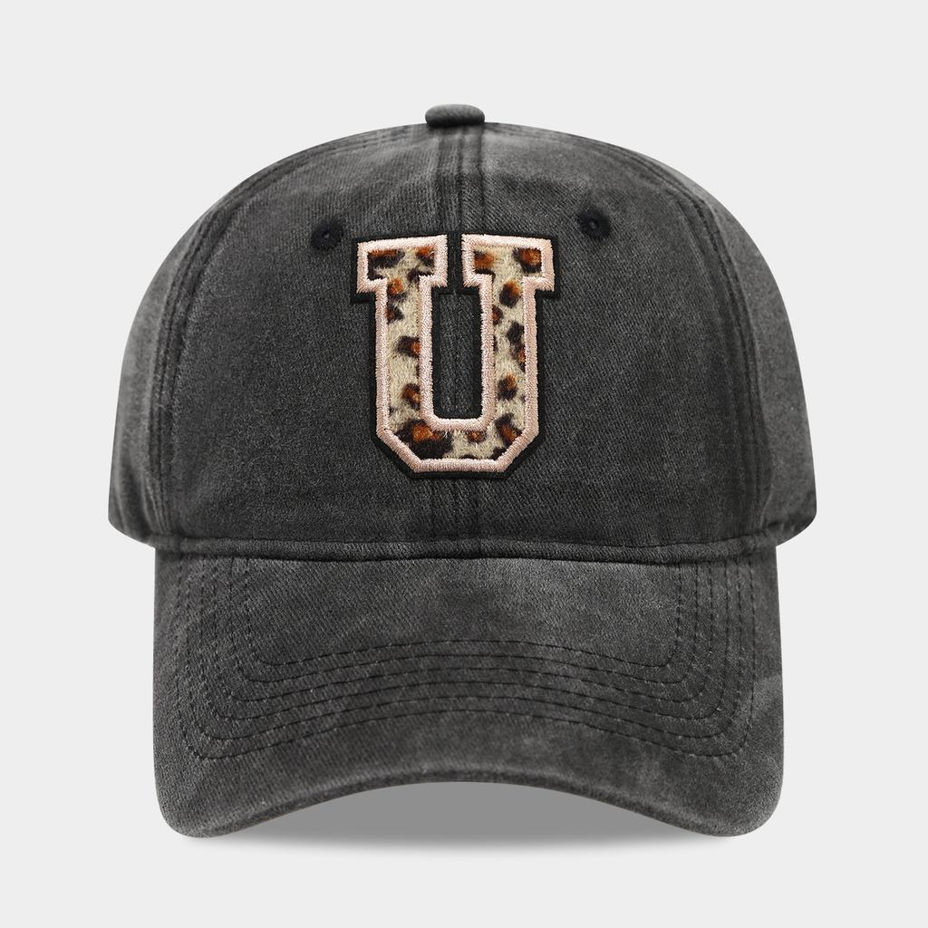 Black Baseball Cap, 26 English Letters Leopard Print Duckbill Hat, Women's Retro Fashion Sports Sun Hat, Trendy Cap