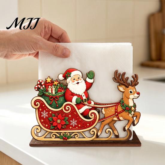 Decorative Wooden Napkin Stand Christmas Tissue Holder, Dispenser with Santa Gingerbread House Elk Pattern, Organizer for Dining Table Kitchen Holiday