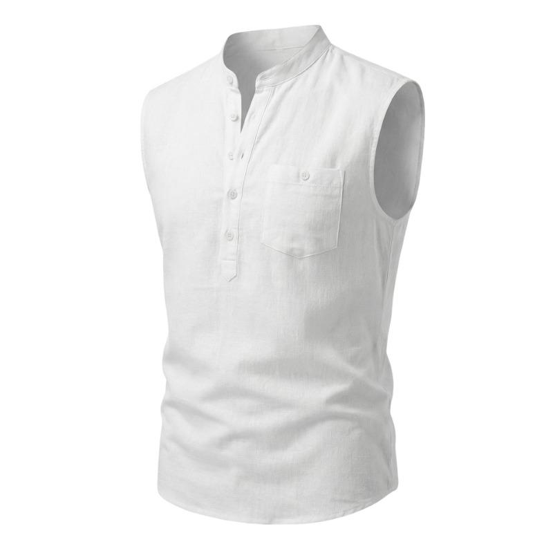 Ärmelloses Henley-Hemd für Herren aus Leinenmischung mit Brusttasche, Mehrfarbig, Lässiges Sommer-Tanktop