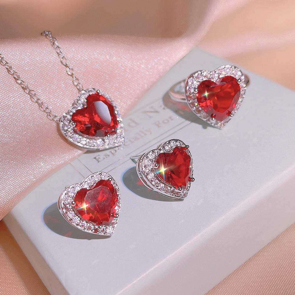 Silver High Quality Natural Garnet Ring Pendant Stud Earrings Three Piece Set Women's Party Birthday Jewelry Gifts