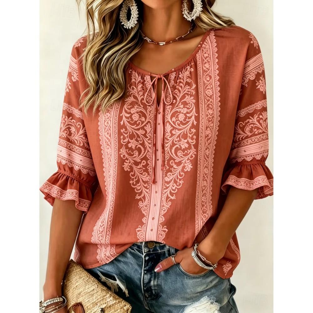 Women's Beige Ethnic Floral Print Tie Front Blouse, Casual Loose Top for Spring Summer Daily Wear