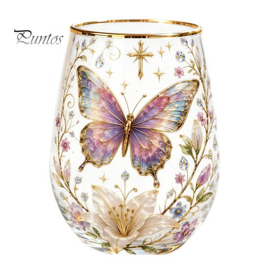Retro Enamel Style Cup Hand Painted Glass Tumbler, Egg Shaped with Gold Rim, Clear Lead-Free Ocean Turtle Pattern Mug for Tea Coffee Wine Juice