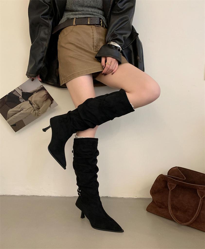 2025 thick heel retro velvet brown knight boots French thin bare boots autumn and winter women's knee boots children