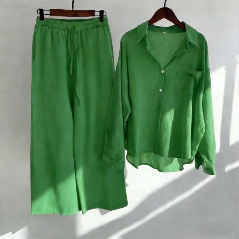 Spring Fashion Plus Size Women's Two-Piece Set: Cotton Linen Shirt & High-Waisted Loose Trousers