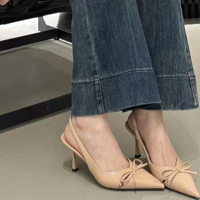 Patent Leather Bow Pointed Head Thin Heel High Heels High Sense Light Luxury Women'S Sandals Light Mouth Single Shoes