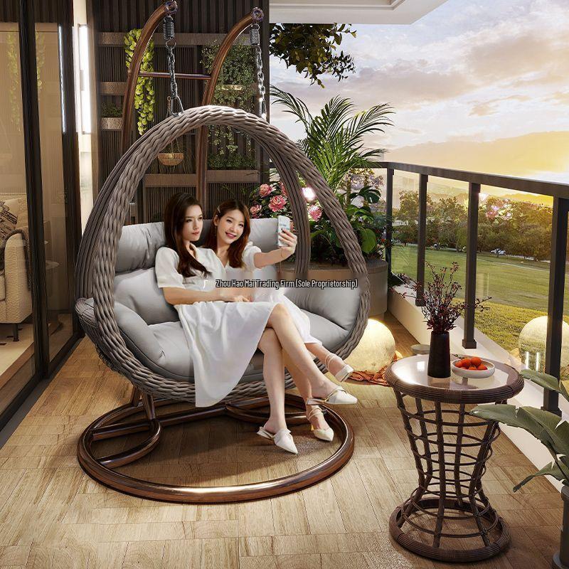 Outdoor Double Swing Rocking Chair Set with Table & Hanging Chair for Balcony or Courtyard Leisure