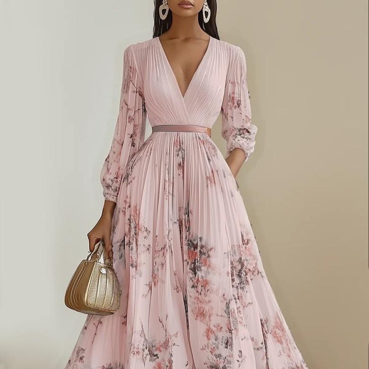 European, American and American printed v-neck long-sleeved fashion pleated dress