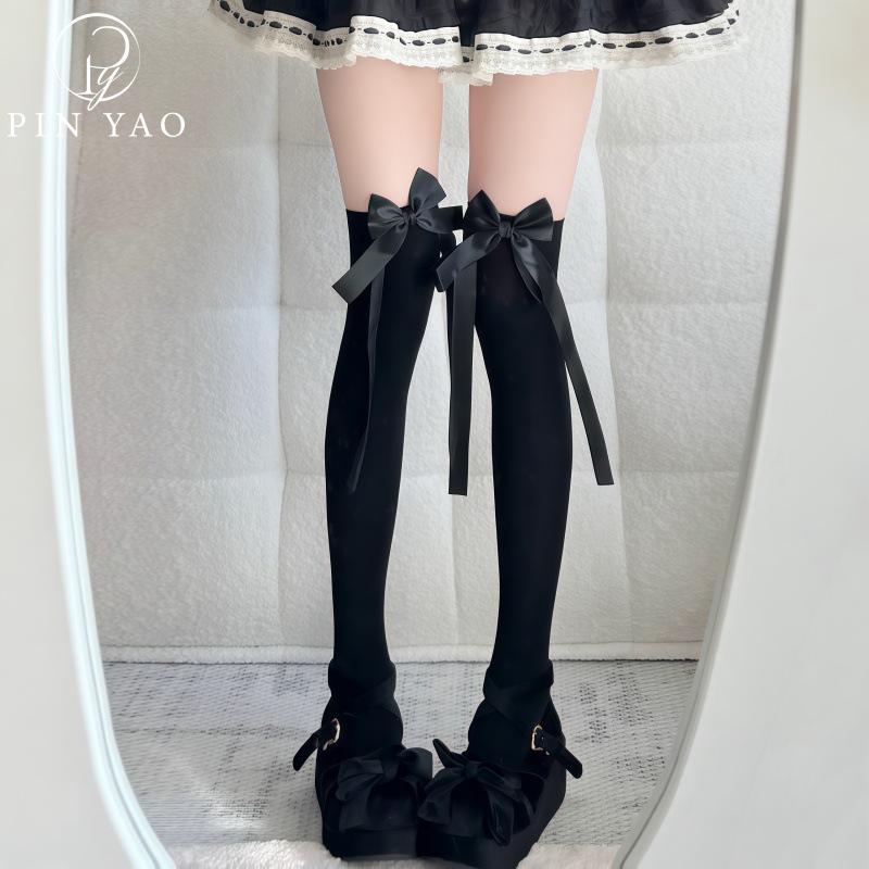 Cream Velvet Over-the-Knee Swallowtail Bow Socks for Girls