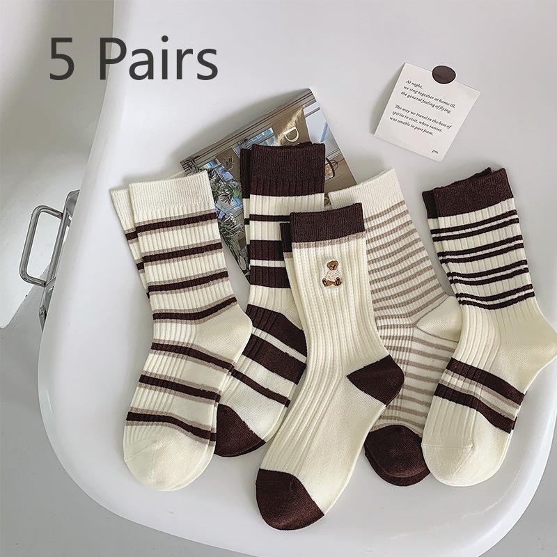 5 Pairs of Women's Spring and Autumn Striped Embroidered Cotton Socks