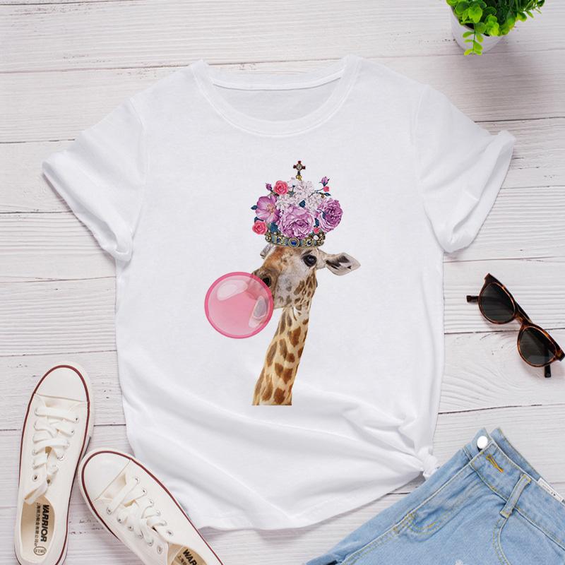 Graphic Women Tees Tops Cartoon Sika Deer Head Print Tshirts Funny Tshirt Casual Harajuku Female T-Shirt Funny Printed T-Shirt