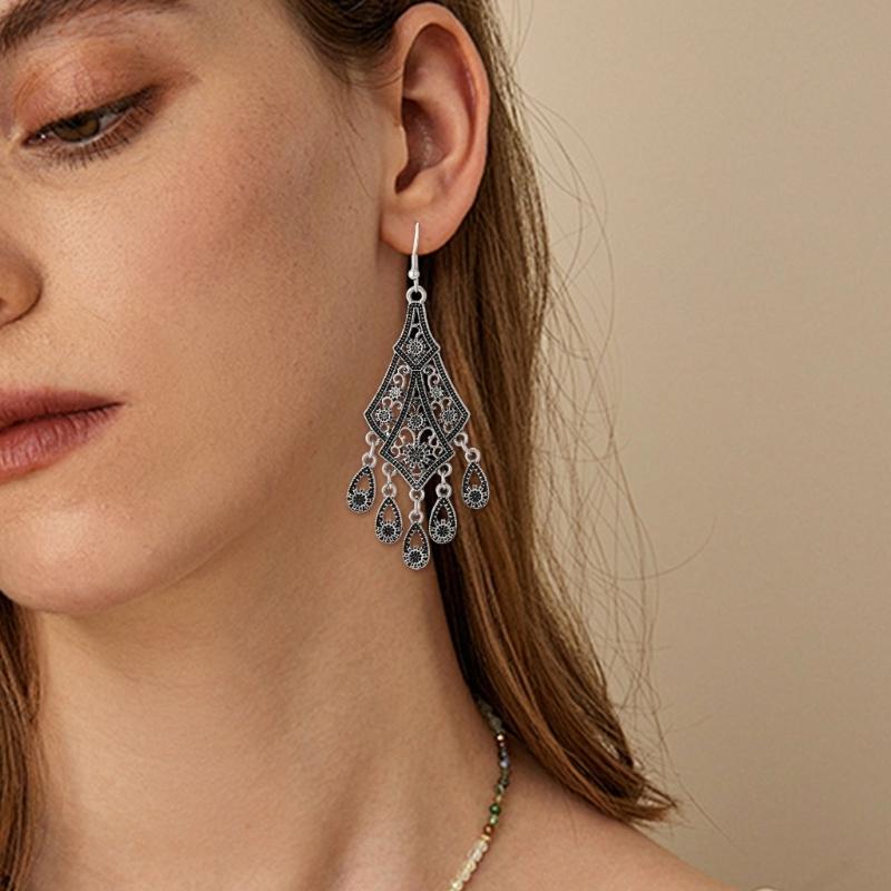 Vintage Hollow Out Droplet Flower Tassels Earrings Zinc Alloy Lightweight Dangle Jewelry for Women