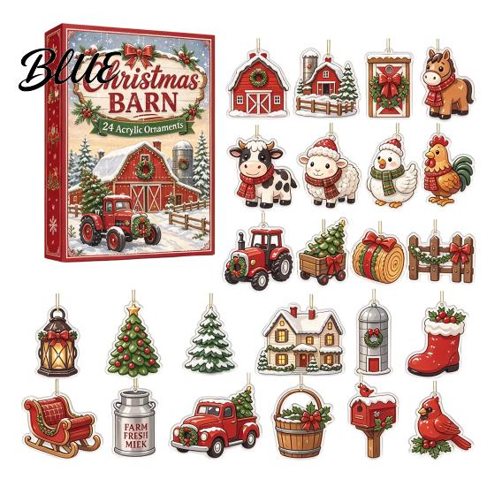 Kids Holiday Activity Ornament Set Calendar 24Pcs Christmas Advent Sets Farm Acrylic 2D with Rustic