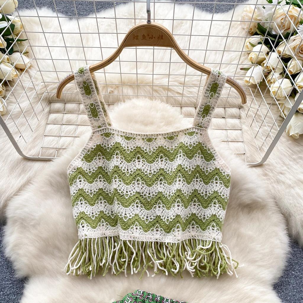 Bohemian Seaside Holiday Sle Zweiteiliger Anzug mit Wellenmuster, Camisole-Ärmel, vielseitiges, geschlitztes Hosenset mit weitem Bein