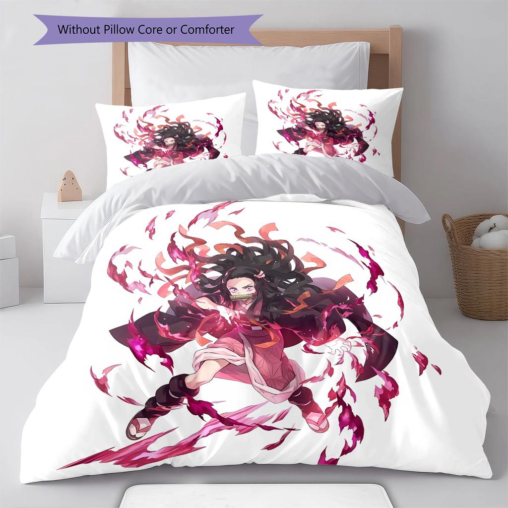 Demon Slayer Pattern Bedding,Quilt Set Quilt Cover Pillowcase Home Birthday Gift (1 * Duvet Cover + 2 * Pillowcase, Without Core)