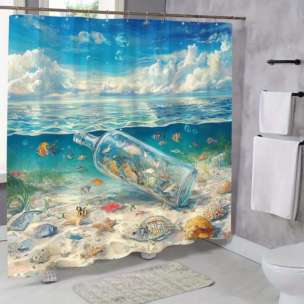 Ocean Animal Theme Shower Curtain - Vivid Sea Landscape & Fish Pattern, Polyester Bathroom Decor, 12 Hooks