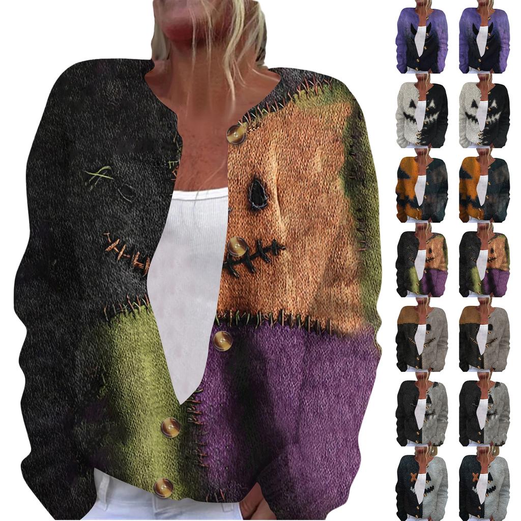 Women's Fashion Printed Long Sleeve Knitted Cardigan Button Down Jacket