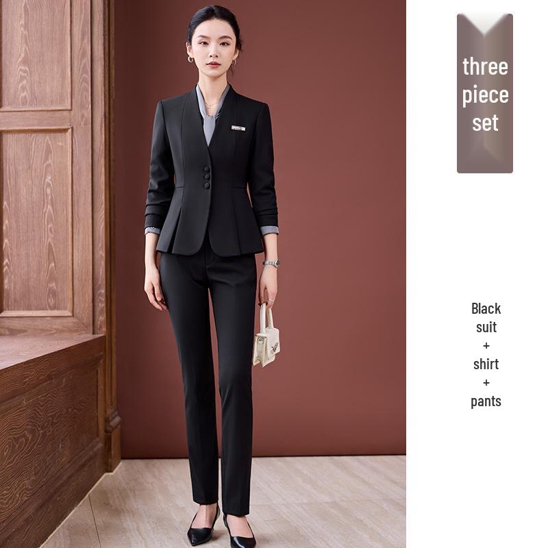Elegant Collarless Women's Suit Set for Hotel Manager & Receptionist Spring/Autumn Workwear