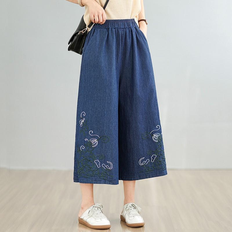 Plus Size Thin Vintage Embroidery Floral High Waist Casual Loose Women Summer Jeans Denim Wide Leg Pants