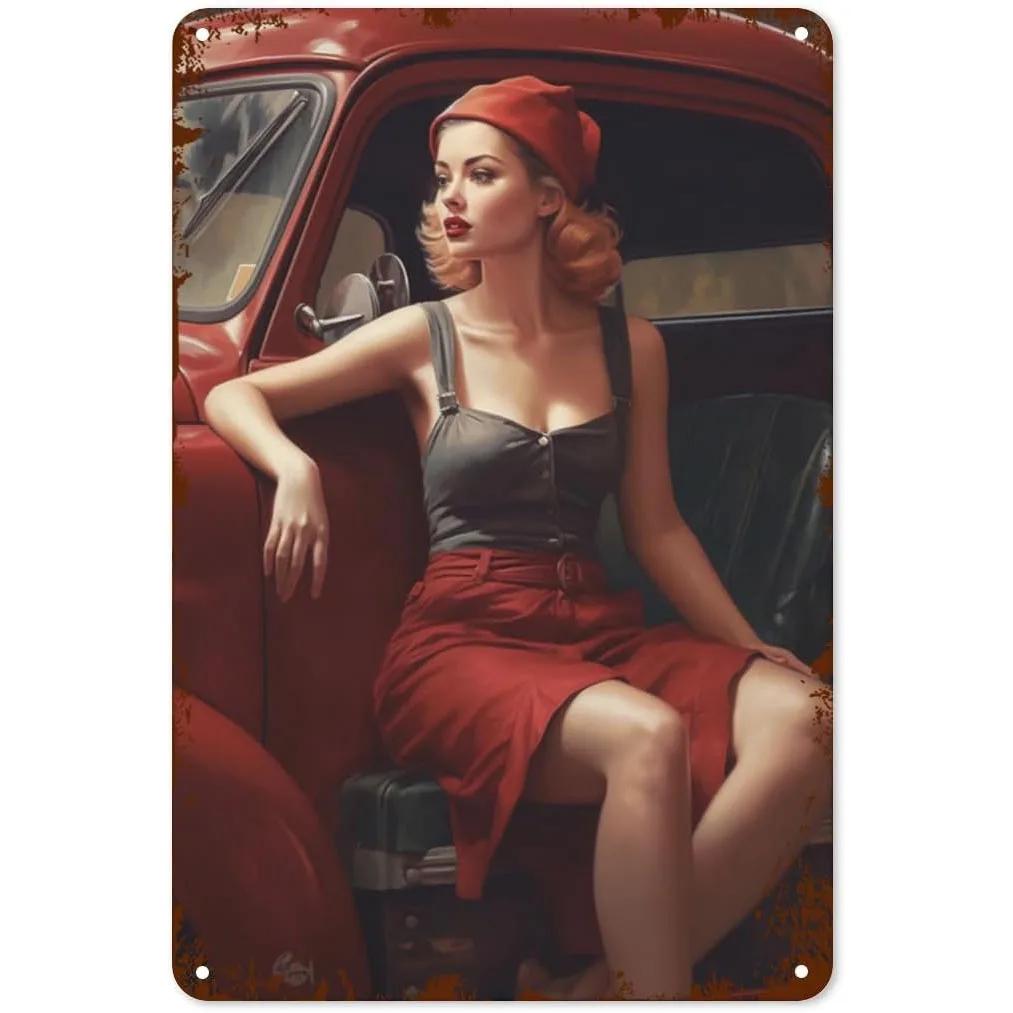 Metall Blechschilder Pinup Auto Mädchen Wanddekoration Plakette Vintage Kunst Poster Eisenmalerei für Man Cave Zuhause Café Garage Club Bar