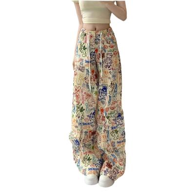 Retro Cartoon Graffiti Werkzeug Lässige Hose Damen Print Weite Hose Locker und Dünn Gerade Bodenlange Hose Mode Y2K-inspiriert Weite Hose