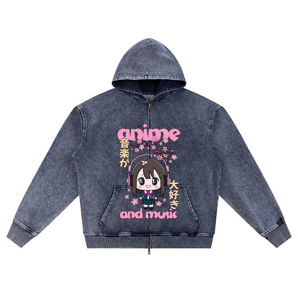

DTG print Knitted Denim Zip-Up Hoodie Anime and Music Brother Print Zipper Hoodies XL темно-синий