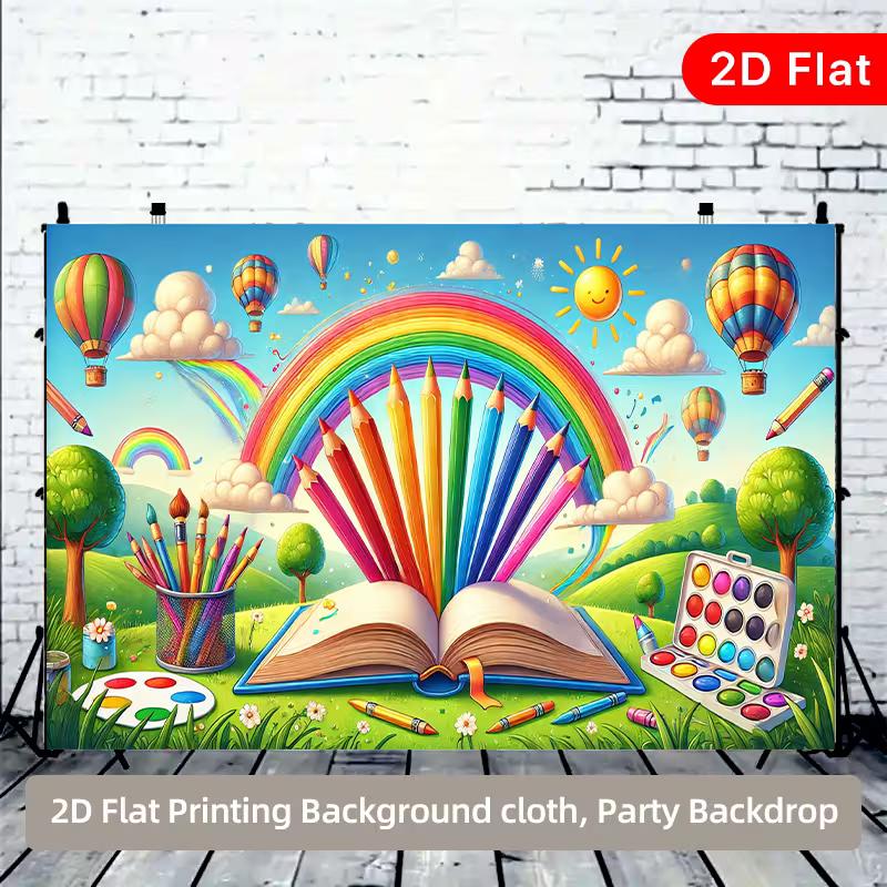2D Flat Classroom Backdrop, Open Book with Rainbow Pencils & Hot Air Balloon Photo Background