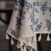 Blue & White Porcelain Retro Cotton Linen Tablecloth with Yellow Tassels