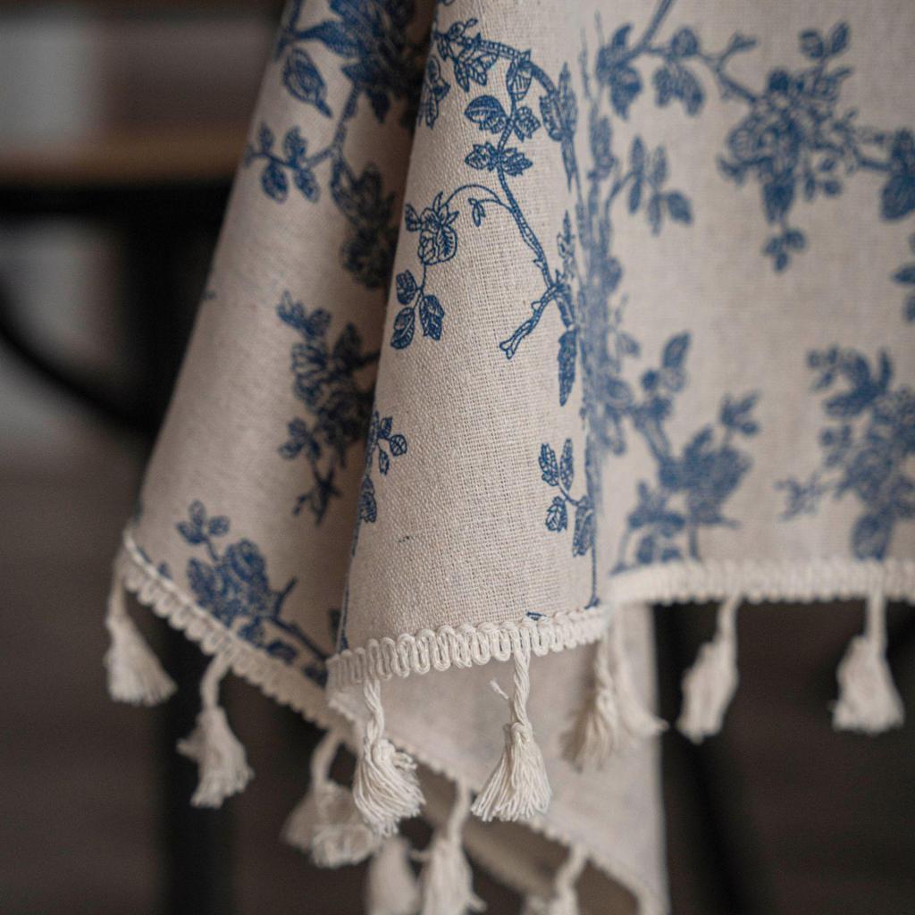 Blue & White Porcelain Retro Cotton Linen Tablecloth with Yellow Tassels