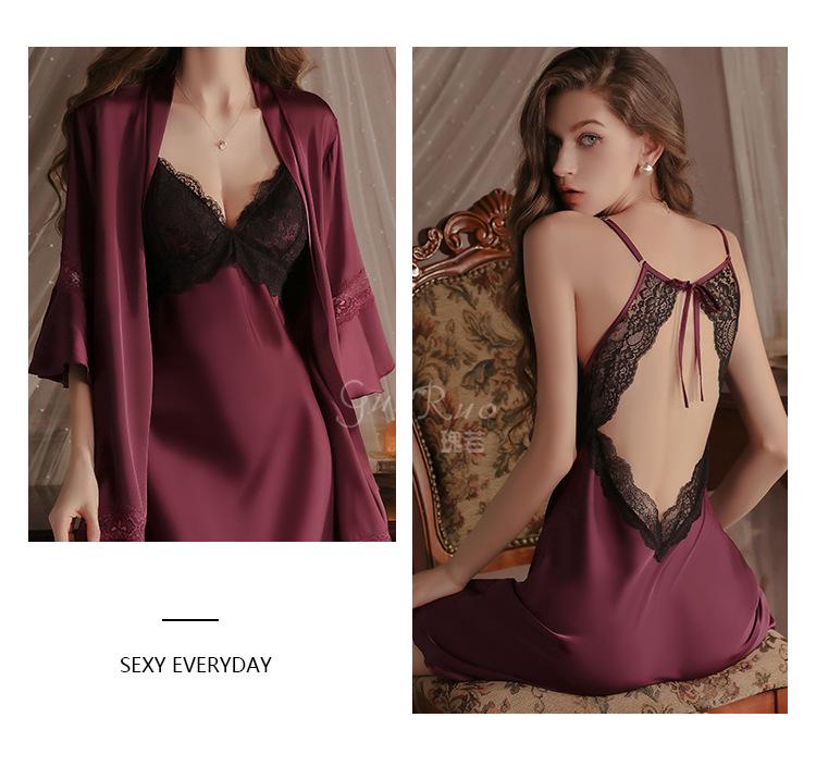 Stunning Satin Lace Backless Tie-Waist Camisole Nightgown Robe with Padding